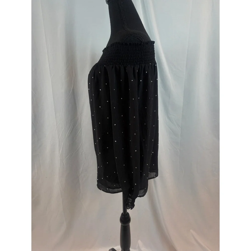 Black Off Shoulder Rhinestone Embellished Smocked Blouse Long Sleeve Size‎ Small
